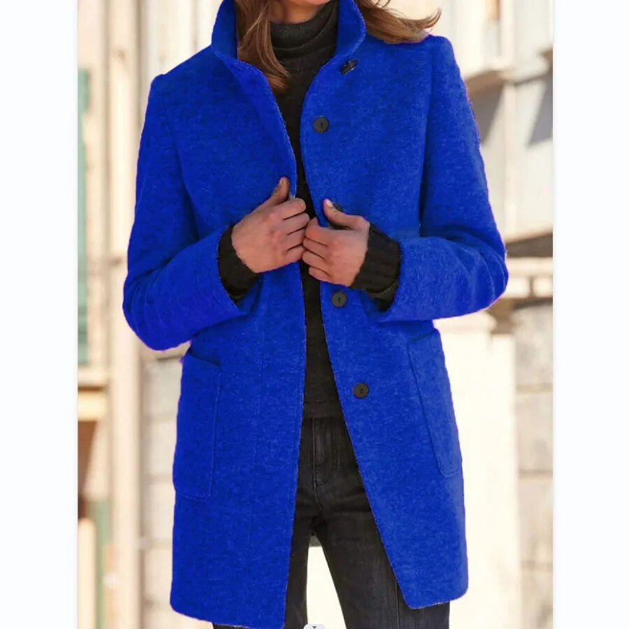 Wollmantel mit Knopfverschluss für Damen - Blau