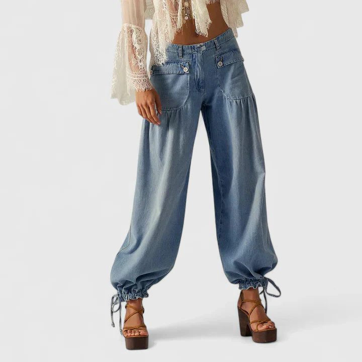 Pleated Wide-Leg Jeans with Tie Ankles - Light Blue