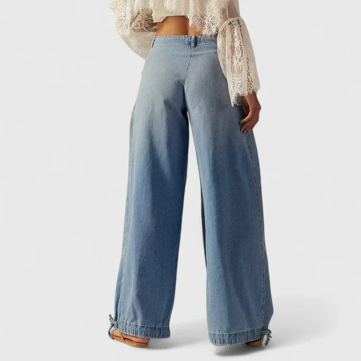 Pleated Wide-Leg Jeans with Tie Ankles - Light Blue