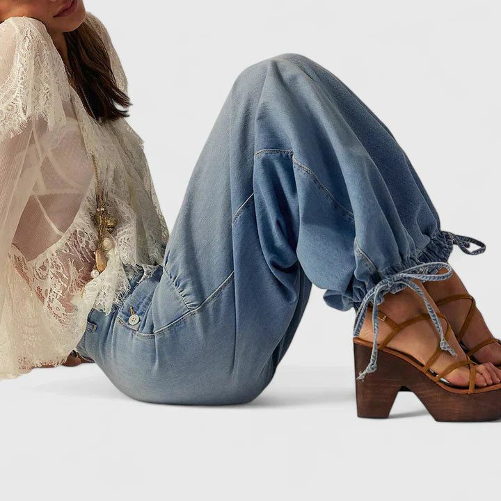 Pleated Wide-Leg Jeans with Tie Ankles - Light Blue