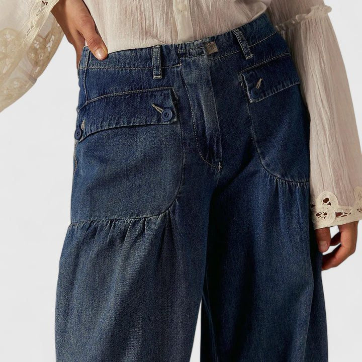 Pleated Wide-Leg Jeans with Tie Ankles - Dark Blue