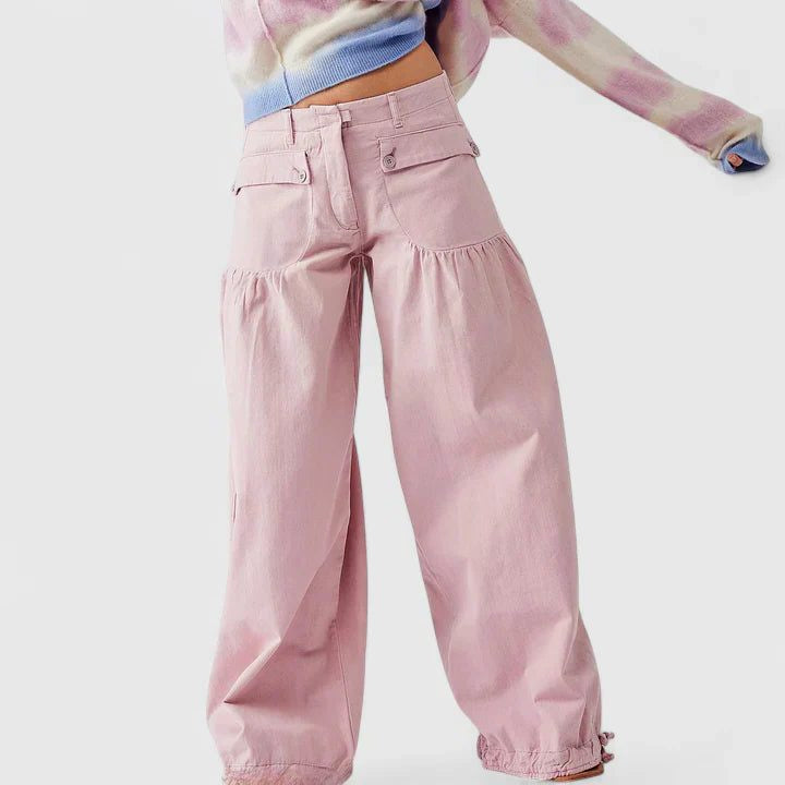 Pleated Wide-Leg Jeans with Tie Ankles - Pink