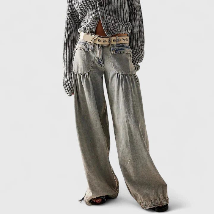 Pleated Wide-Leg Jeans with Tie Ankles - Grey