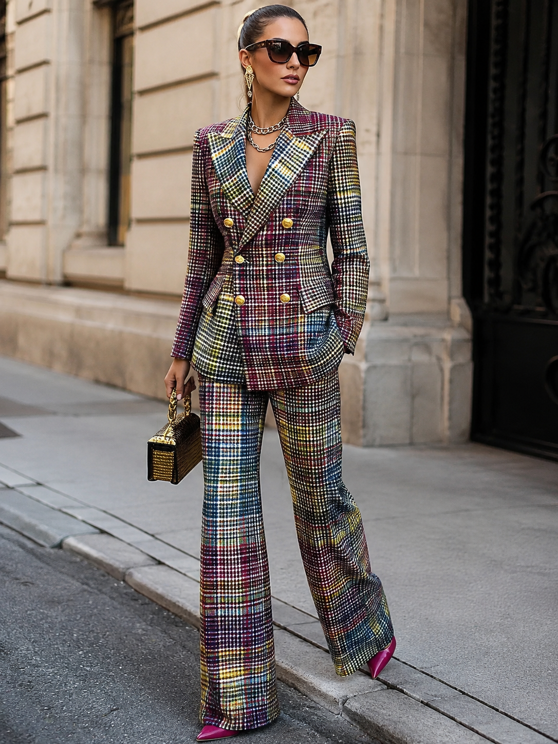 Checked Double-Breasted Trouser Suit - Multicolour