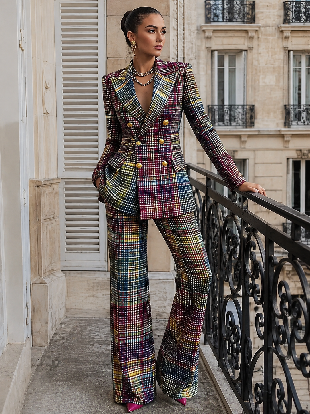 Checked Double-Breasted Trouser Suit - Multicolour