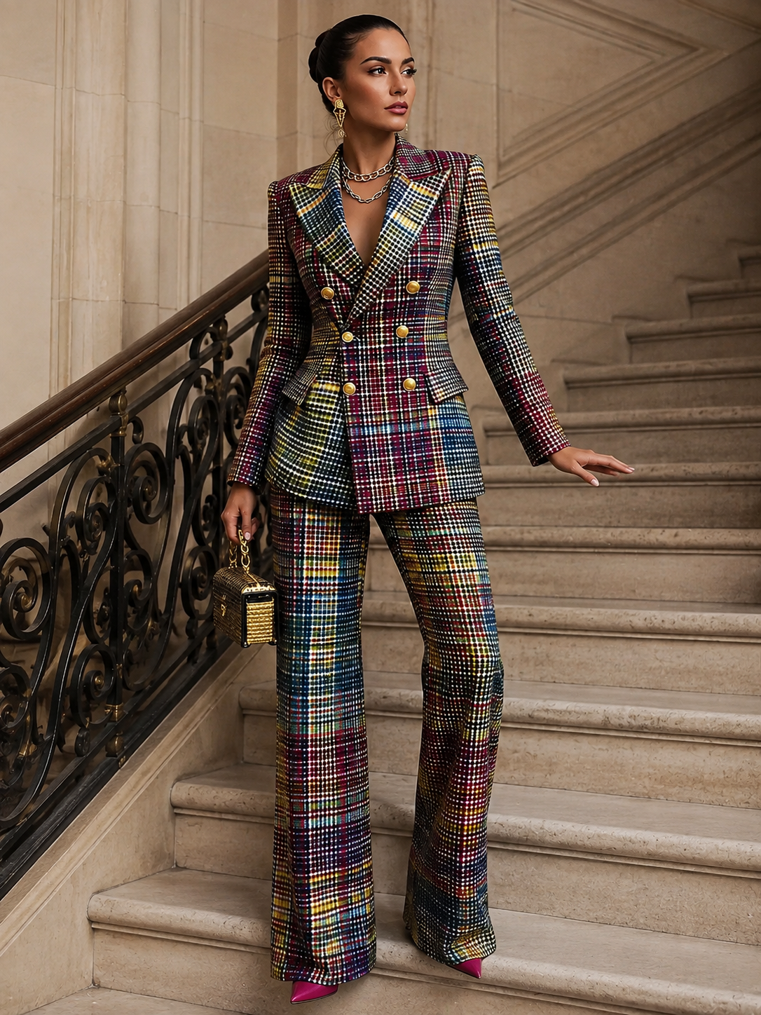 Checked Double-Breasted Trouser Suit - Multicolour