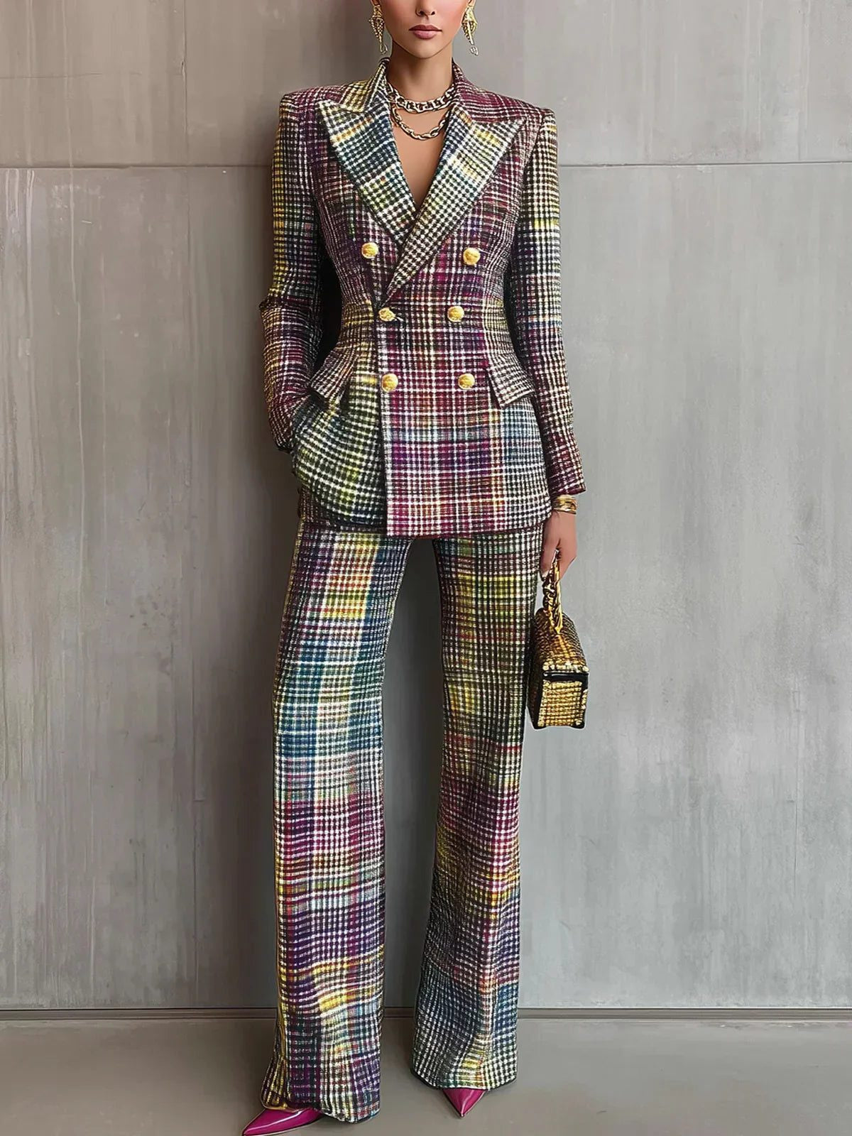 Checked Double-Breasted Trouser Suit - Multicolour