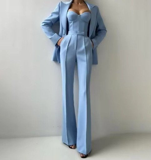 Longline Blazer and High-Waisted Flared Trouser Set - Blue