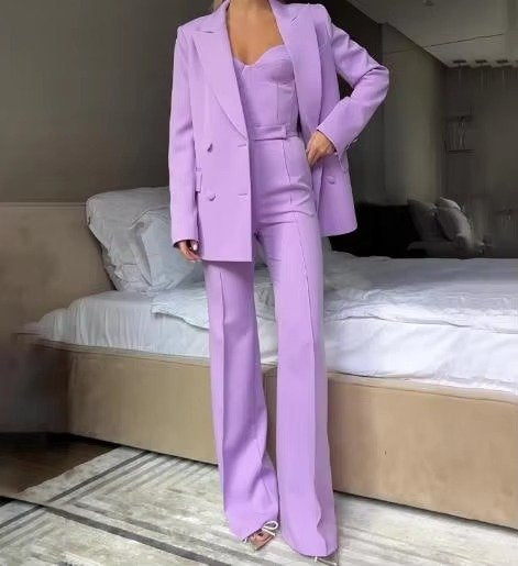 Longline Blazer and High-Waisted Flared Trouser Set - Purple