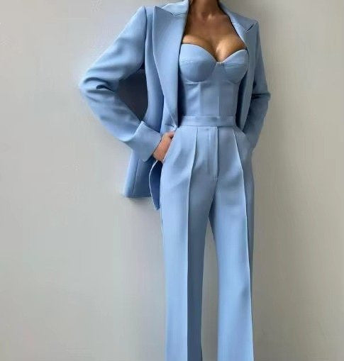 Longline Blazer and High-Waisted Flared Trouser Set - Blue