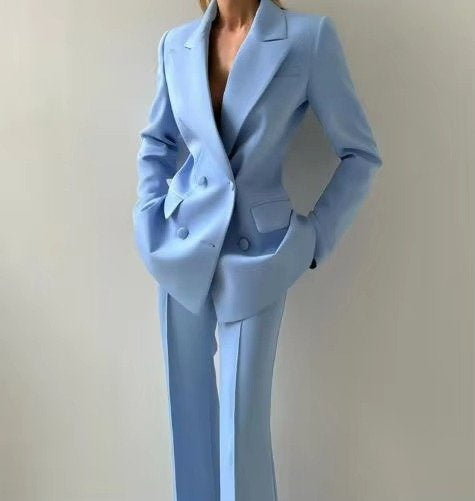 Longline Blazer and High-Waisted Flared Trouser Set - Blue