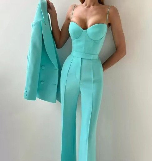 Longline Blazer and High-Waisted Flared Trouser Set - Green