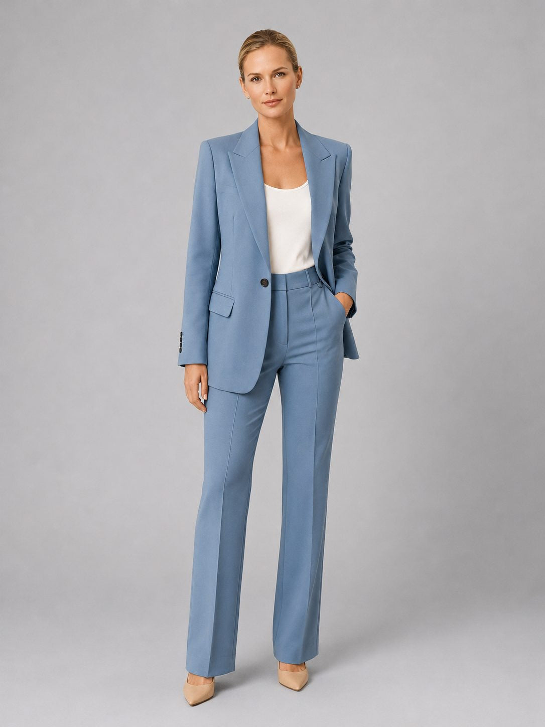 Longline Blazer and High-Waisted Trouser Suit - Blue