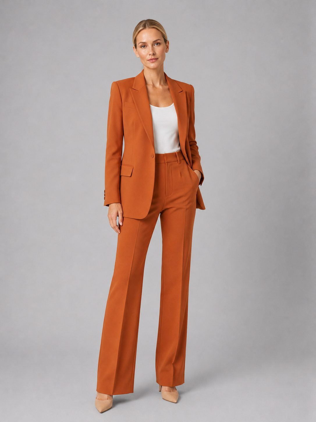 Longline Blazer and High-Waisted Trouser Suit - Brown