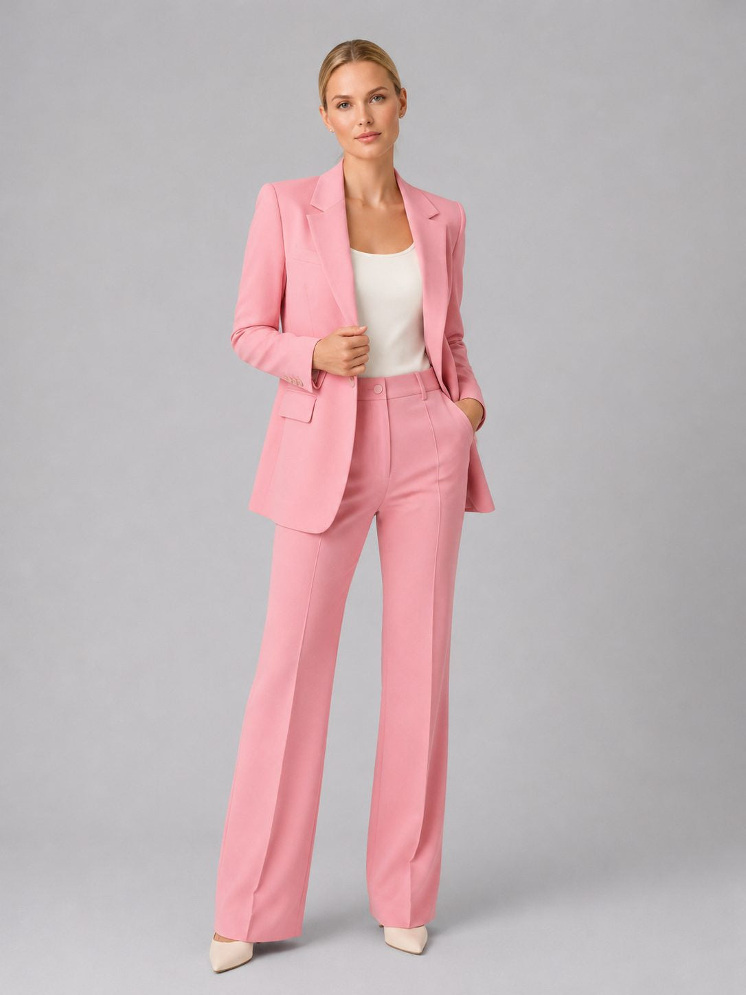 Longline Blazer and High-Waisted Trouser Suit - Pink
