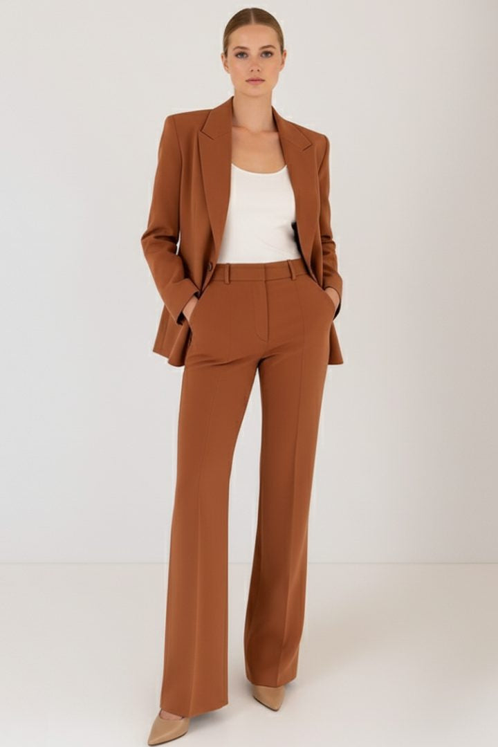 Longline Blazer and Straight-Leg Trouser Suit - Brown