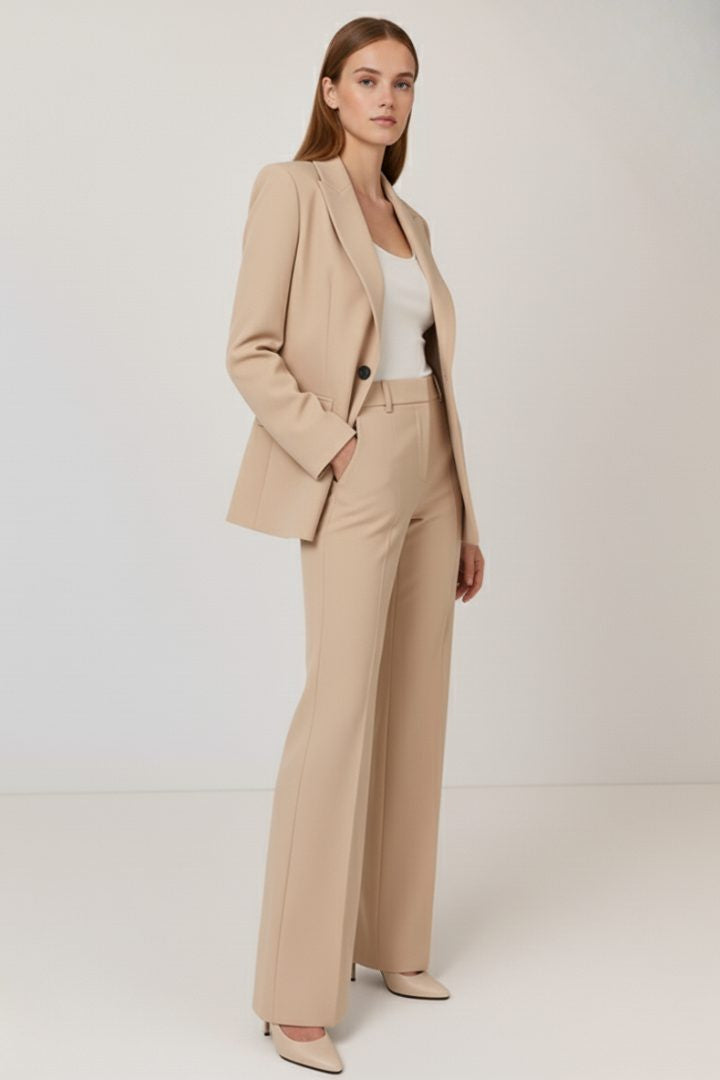 Longline Blazer and Straight-Leg Trouser Suit - Beige