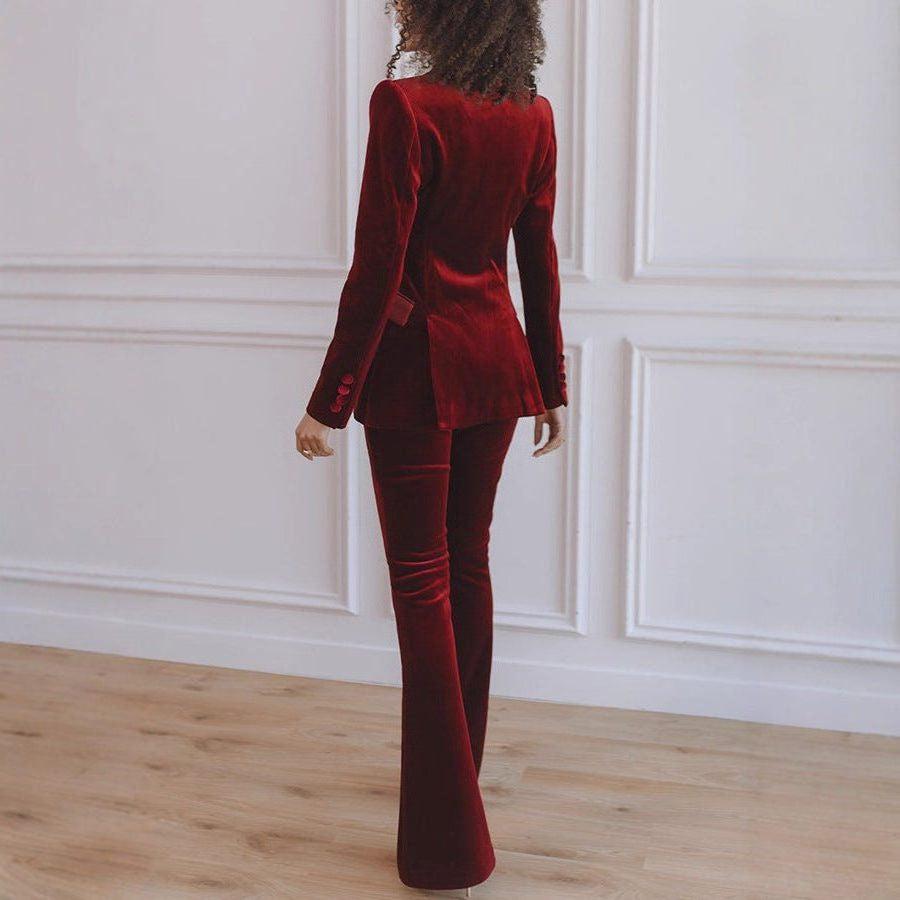 Velvet Blazer and Flared Trouser Suit - Red