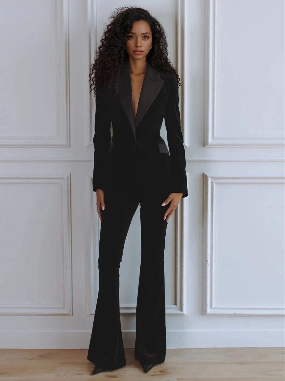 Velvet Blazer and Flared Trouser Suit - Black