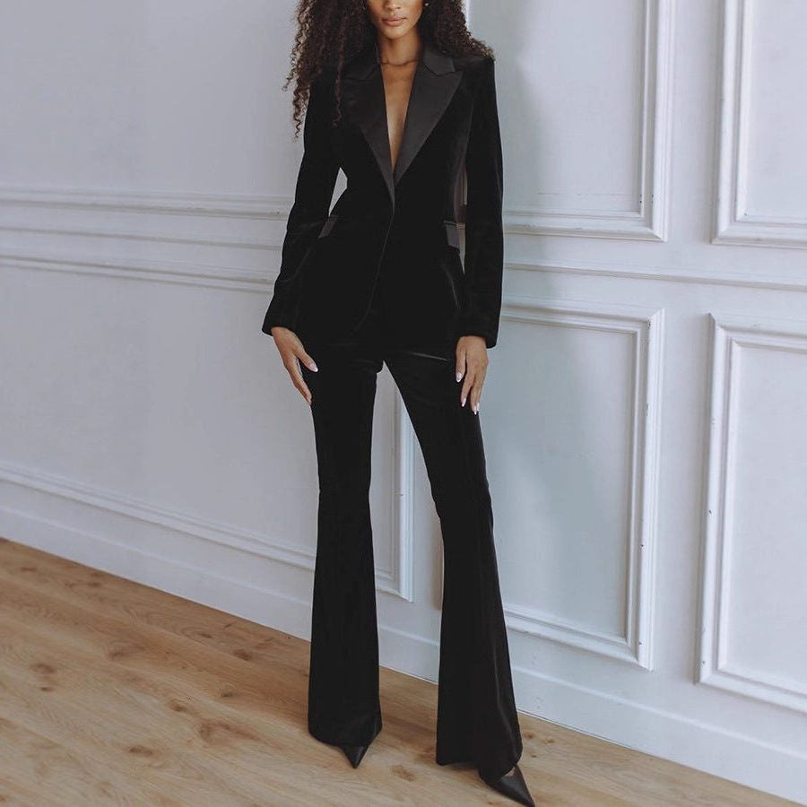 Velvet Blazer and Flared Trouser Suit - Black