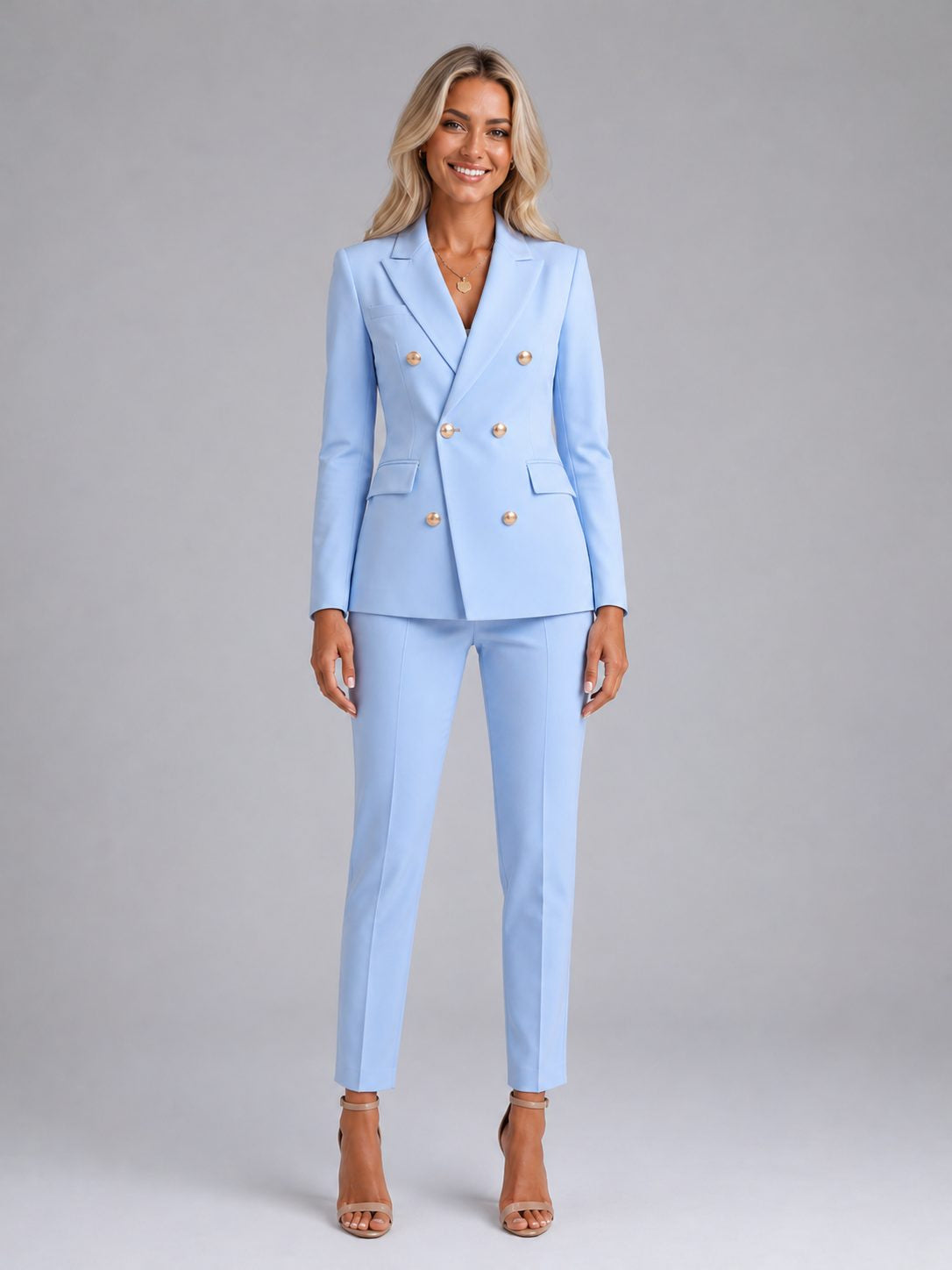 Tailored Double-Breasted Blazer and Trouser Suit - Light Blue