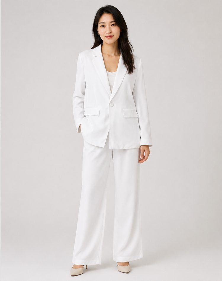 Notch-Lapel Blazer and Wide-Leg Trouser Suit - White