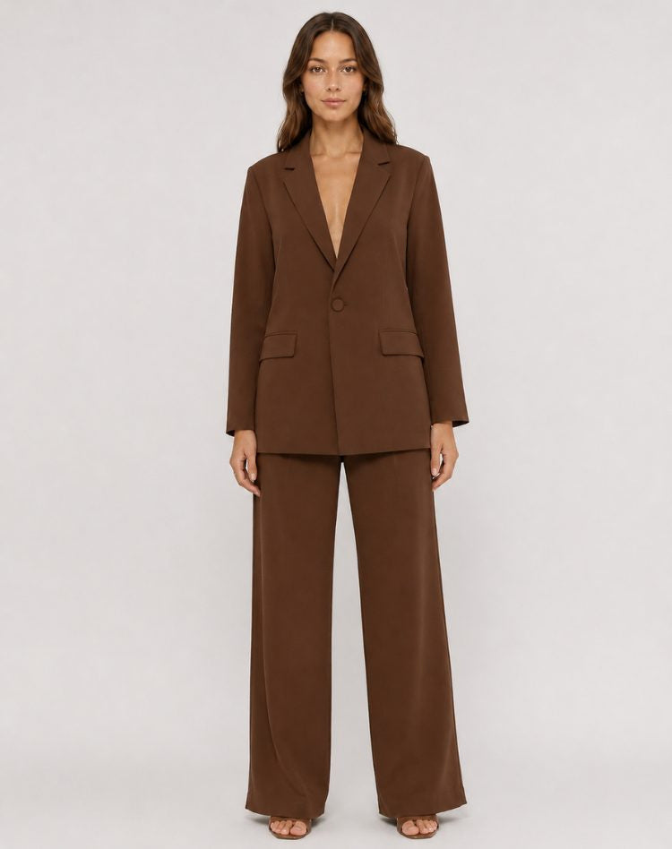 Notch-Lapel Blazer and Wide-Leg Trouser Suit - Brown