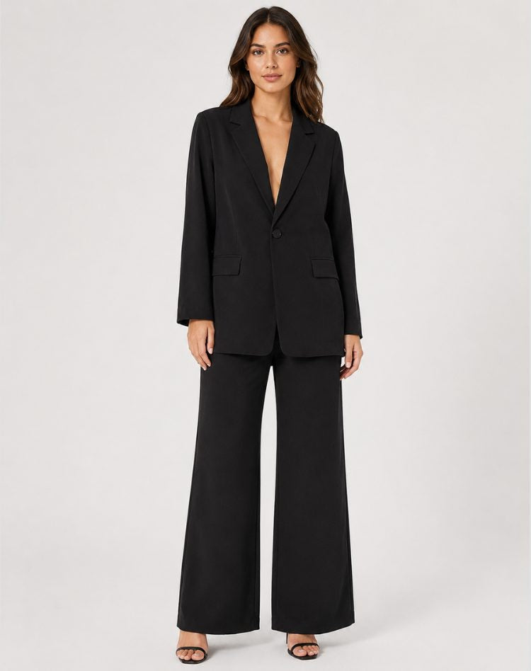 Notch-Lapel Blazer and Wide-Leg Trouser Suit - Black