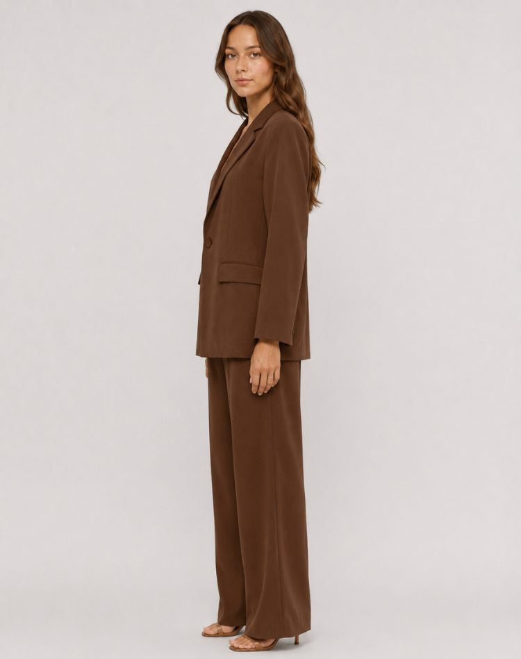 Notch-Lapel Blazer and Wide-Leg Trouser Suit - Brown