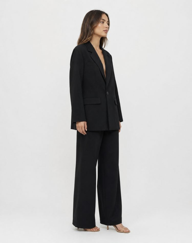 Notch-Lapel Blazer and Wide-Leg Trouser Suit - Black