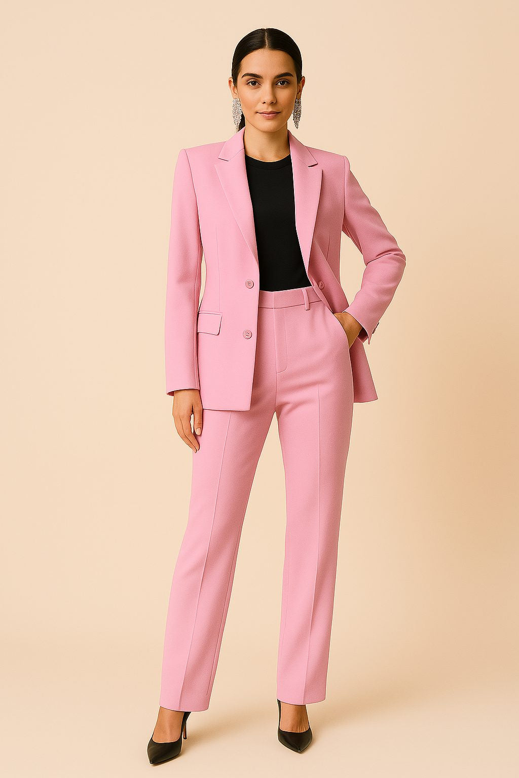 Two-Button Blazer and Straight-Leg Trouser Suit - Pink