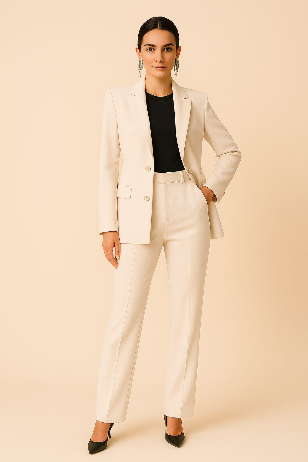 Two-Button Blazer and Straight-Leg Trouser Suit - Beige